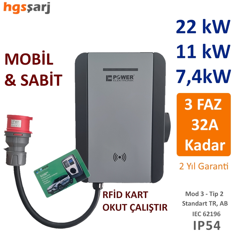 Power%20Elektronik%20Mobil%2022kW-11kW-7,4kW%20Elektrikli%20Araç%20Şarj%20İstasyonu-Rfid%20Kart-%20Okut%20Çalıştır