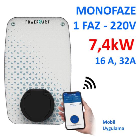 Monafaze, 1 Faz, 220V, 7,4kW - 5kW - 3,7kW - 32A kadar Ayarlanabilir. Elektrikli Araç Şarj İstasyonu