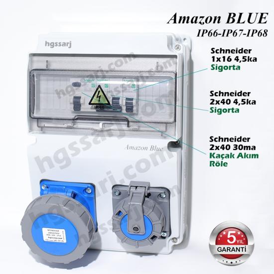 Amazon BLUE, IP66-IP67-IP68, Monofaze Elektrikli Araç Kombinasyon Kutusu, Tesla Blue Adaptöre Uyumlu, 3x32A + 1x16A - Schneider Marka Sigorta Grubu - 5 Yıl Garanti