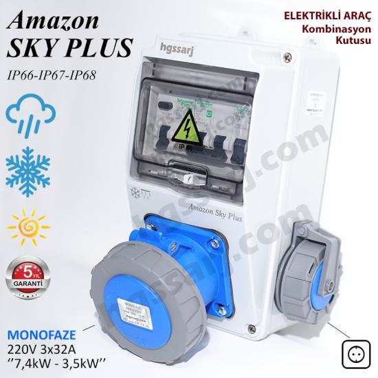 Amazon SKY PLUS, IP66-IP67-IP68, Monofaze Elektrikli Araç Kombinasyon Kutusu, Tesla Blue Adaptöre Uyumlu, + Kaçak Akım Röle, 3x32A + 1x16A - Schneider Marka Sigorta Grubu - 5 Yıl Garanti