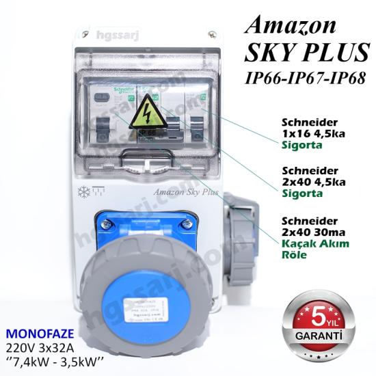 Amazon SKY PLUS, IP66-IP67-IP68, Monofaze Elektrikli Araç Kombinasyon Kutusu, Tesla Blue Adaptöre Uyumlu, + Kaçak Akım Röle, 3x32A + 1x16A - Schneider Marka Sigorta Grubu - 5 Yıl Garanti