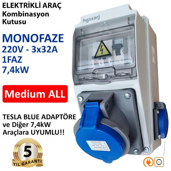 Elektrikli Araç Kombinasyon Kutusu, Tesla Blue Adaptöre Uyumlu,  ’’Medium ALL’’ 3x32A + 1x16A