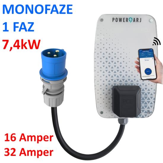 Monafaze, 1 Faz, 220V, 7,4kW - 5kW - 3,7kW - 32A kadar yarlanabilir Elektrikli Araç Şarj İstasyonu