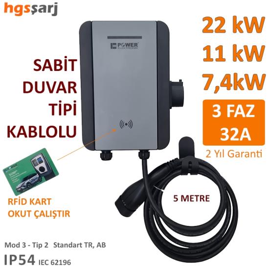 Power Elektronik 22kW-11kW-7,4kW Elektrikli Araç Şarj İstasyonu-5 Metre Kablo-Duvar Tipi